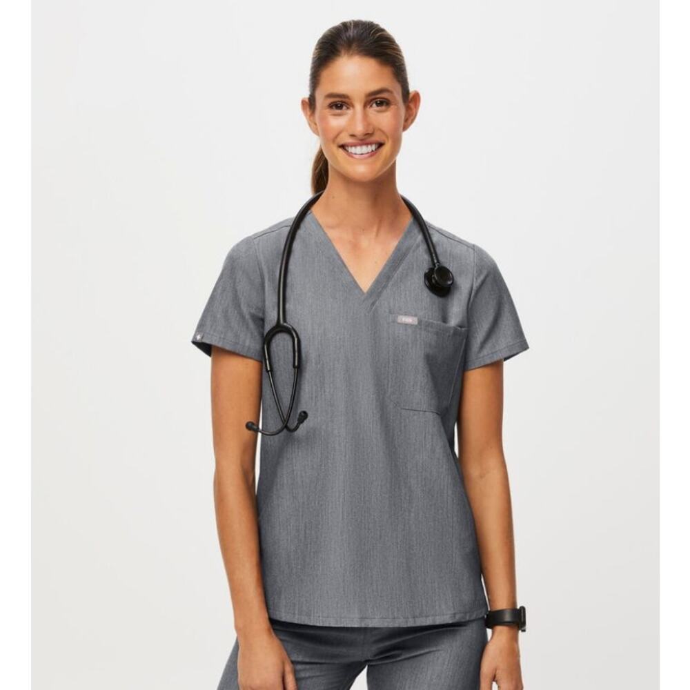 Figs‎ Top Womens Size XXS Catarina One-Pocket Scrub Short Sleeve Grey V Neck